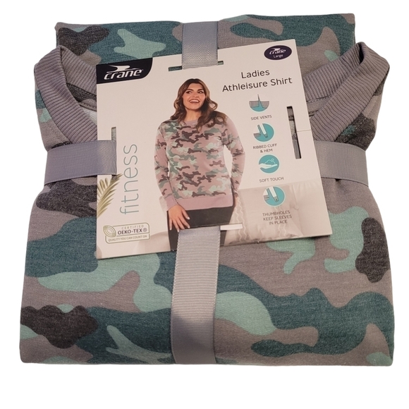 Crane Ladies LG Sweatshirt Top Grey Green Camouflage Athleisure NEW Thumbholes - Picture 1 of 9